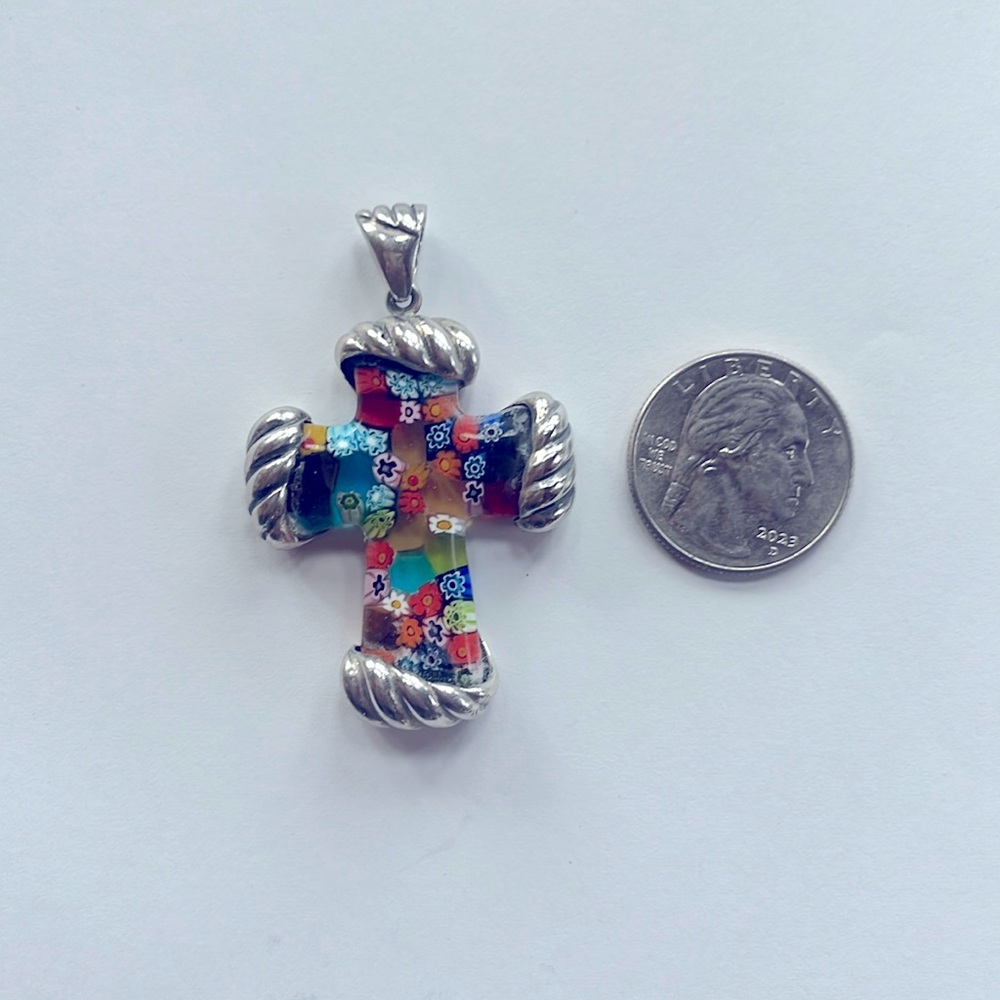 Murano glass millefiore sterling silver cross pendant